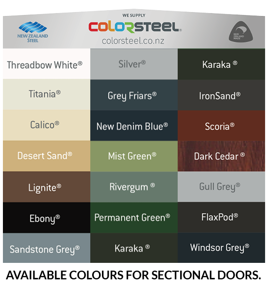 Sectional Garage Door Colour chart from Colorsteel | Knight, Auckland NZ 